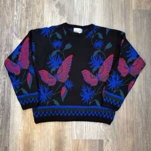 Vintage 80's Compositions Womens L Black Butterfly Floral Knit Sweater 20W